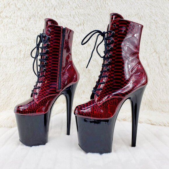Brand new Pleaser Red Snake 8" High Heel Platform Ankle Boots